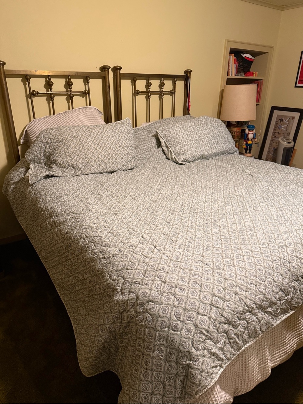 Neutral green and white Quilted Bedspread with Subtle Geometric Pattern